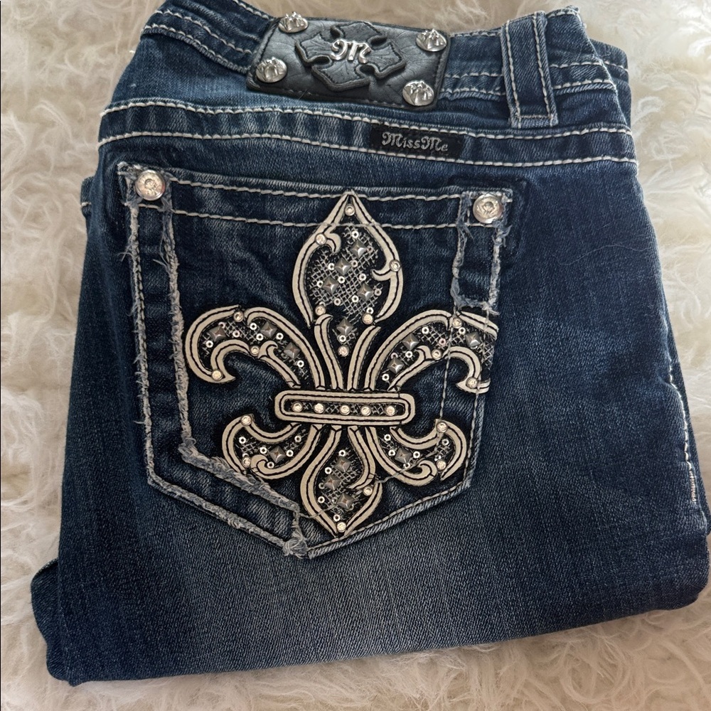 Miss Me Dark Blue Boot Cut Jeans with Silver Fleur-de-Lis Embroidery